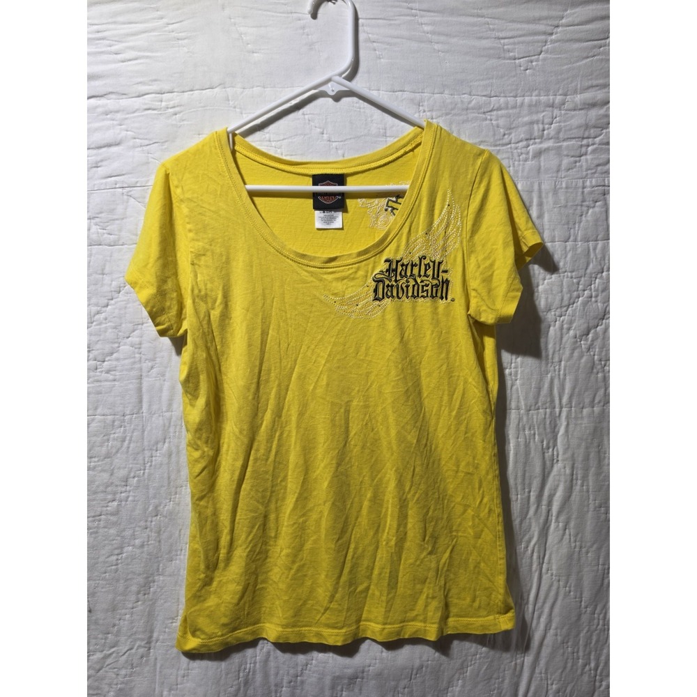 Harley Davidson Shirt Women's Size Large Embroidered Wings Pullover Yellow